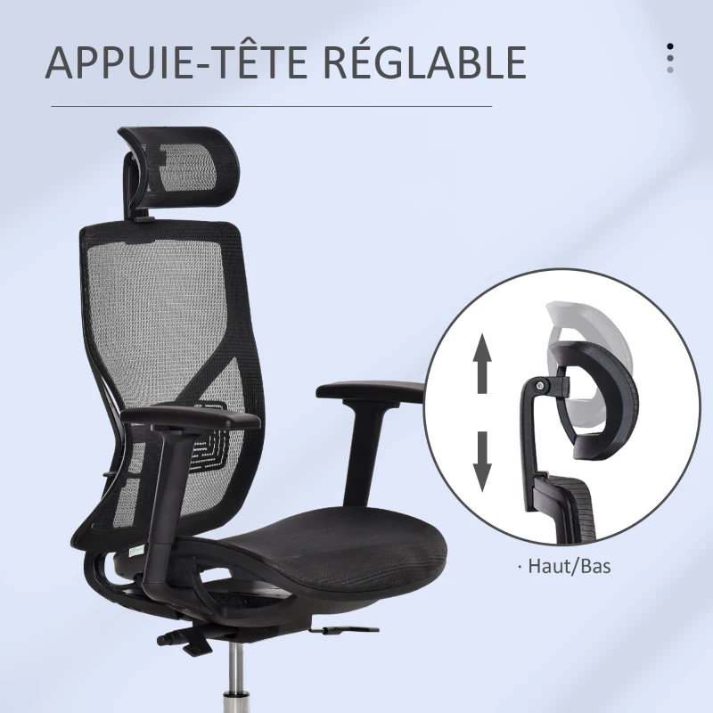 Vinsetto Fauteuil de bureau chaise de bureau ergonomique hauteur réglable avec appui-tête accoudoir 3D ajustable pivotante 360° tissu en maille 67 x 65 x 118-126 cm noir