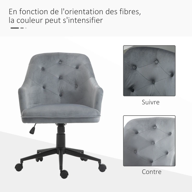 Vinsetto Chaise de bureau fauteuil de bureau ergonomique hauteur réglable pivotante à 360° revêtement velours grand confort 63 x 64 x 96 cm gris