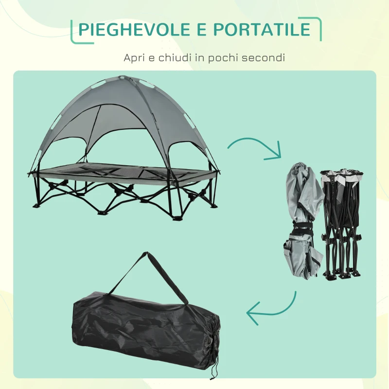 PawHut Brandina per Cani con Tettuccio da Esterno e Interno, Lettino per Cani Pieghevole in Tessuto Oxford e Acciaio, 118x60x90cm, Grigio