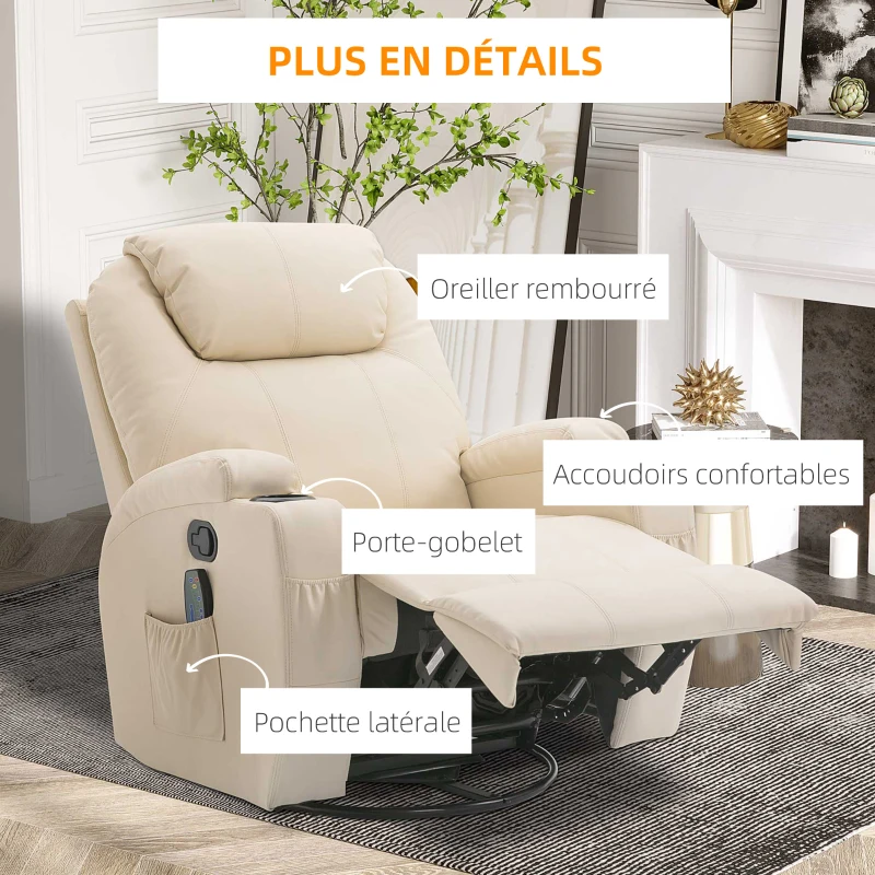 HOMCOM Fauteuil de Relaxation massant Chauffant et Vibrant inclinable pivotant à 360° revêtement synthétique 84L x 94l x 109Hcm Beige