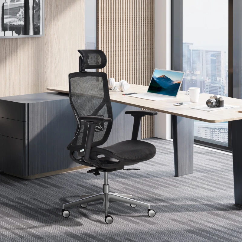 Vinsetto Fauteuil de bureau chaise de bureau ergonomique hauteur réglable avec appui-tête accoudoir 3D ajustable pivotante 360° tissu en maille 67 x 65 x 118-126 cm noir