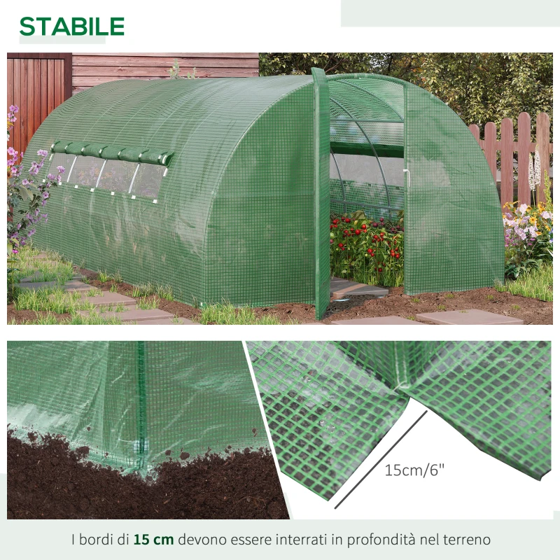Outsunny Serra a Tunnel per Orto in Acciaio con Copertura in PE, Porta e Finestre, 570x292x197cm, Verde