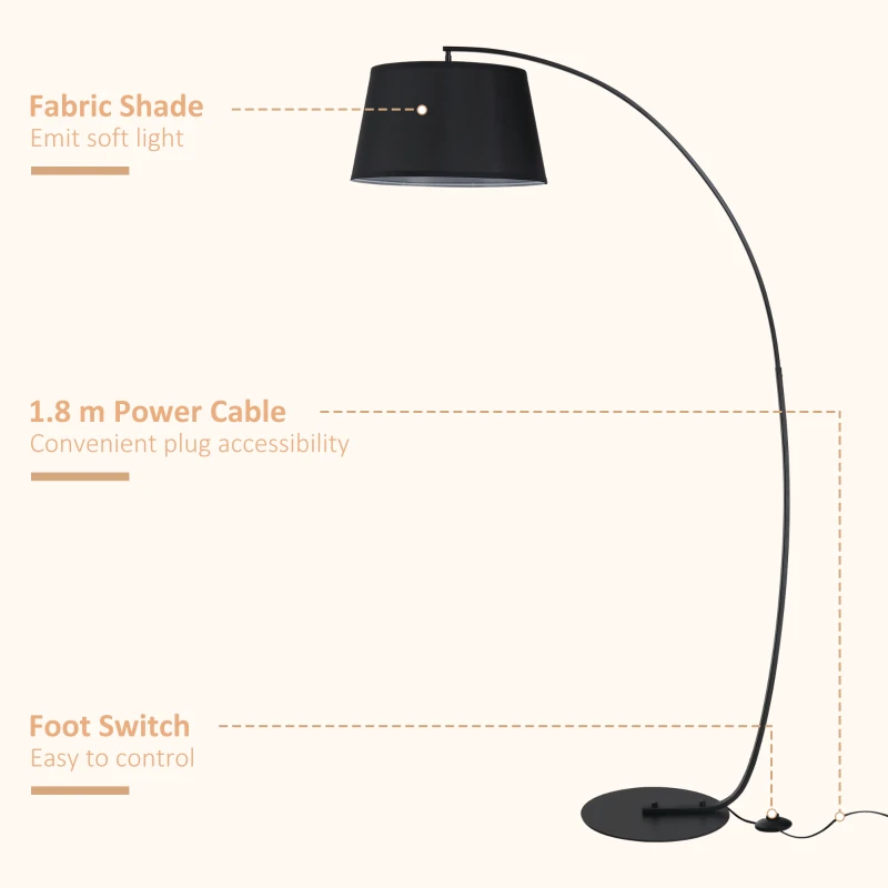 HOMCOM Lampa de Podea tip Arc cu Abajur din Tesatura Comutator cu Pedala Negru