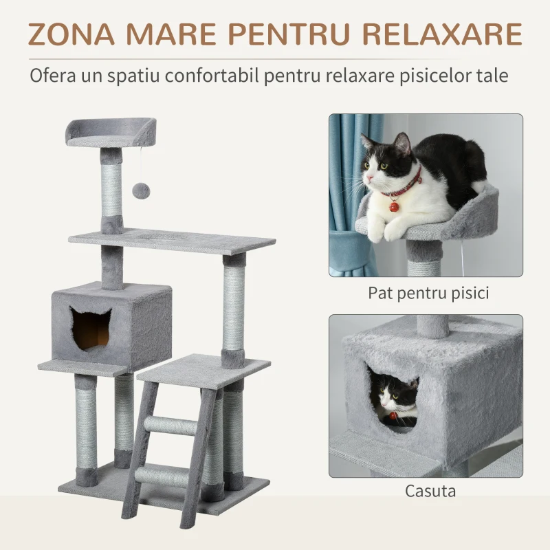 PawHut Ansamblu pentru pisici pe mai multe niveluri cu Casuta si Suprafata de zgariat Sfoara din iuta