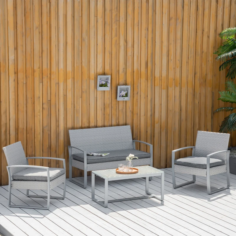 Outsunny Salon de Gradina din Ratan Gri Set Mobilier de Exterior 4 Buc