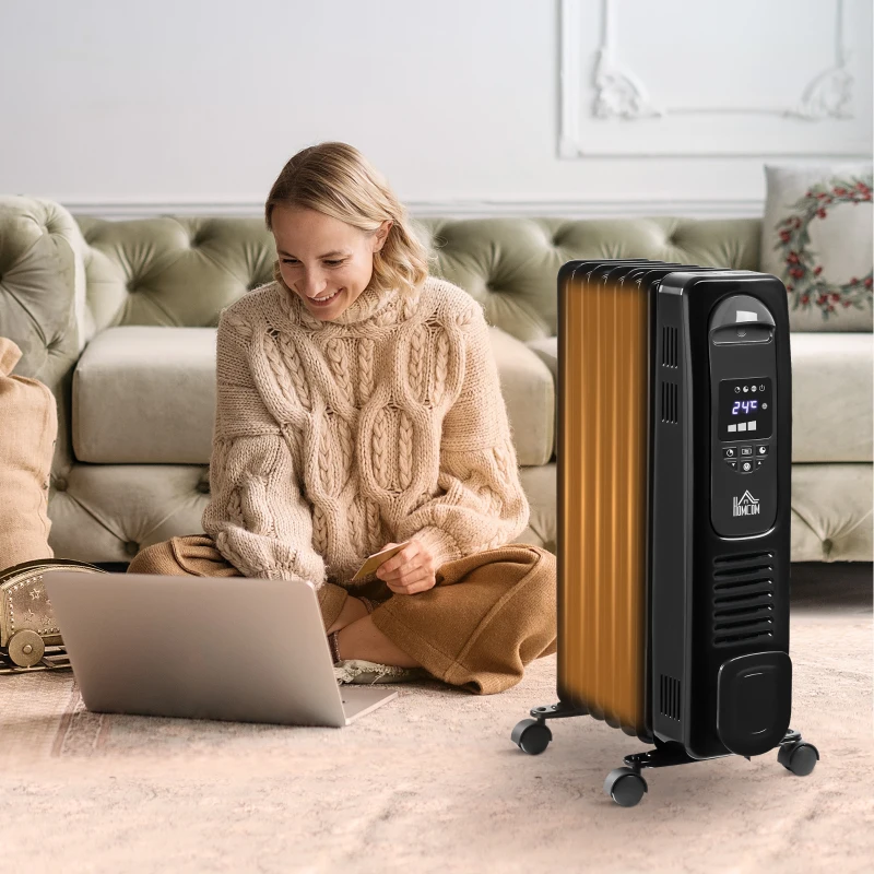 HOMCOM 1500W Digital Oil Filled Radiator, 7 Fin, Portable Electric Heater with LED Display, Built-in Timer, 3 Heat Settings, Safety Cut-Off and Remote Control, Black