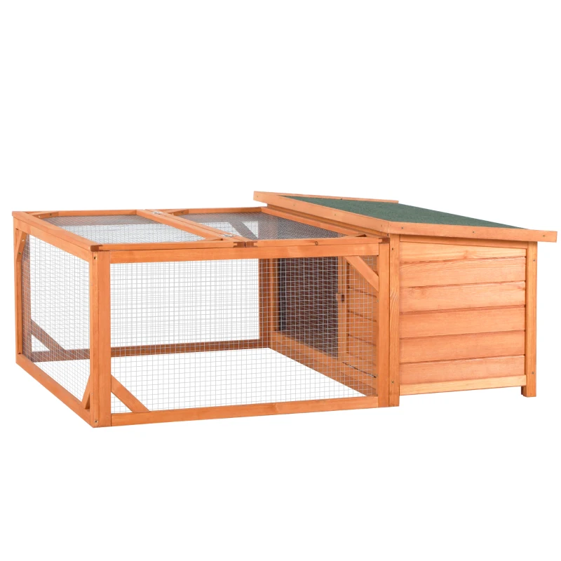 PawHut Cusca pentru iepuri cu casuta si zona ingradita, 125.5 x 100 x 49 cm, Lemn, Maro / Verde(m-11)
