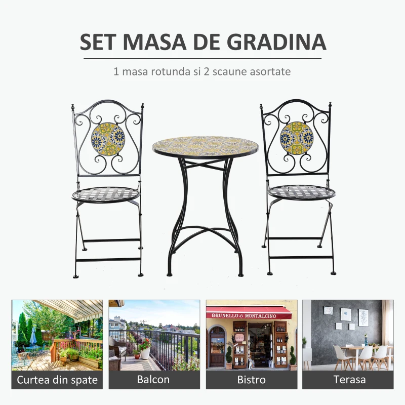 Outsunny Set Masa si Scaune de Gradina din Metal cu Majolica Colorata