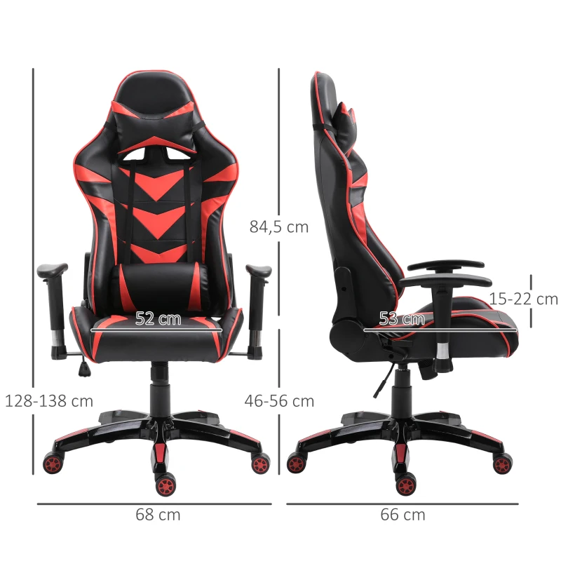HOMCOM Fauteuil gamer chaise de gaming fauteuil de bureau pivotant inclinable fauteuil manager grand confort style baquet racing avec coussins revêtement synthétique rouge noir