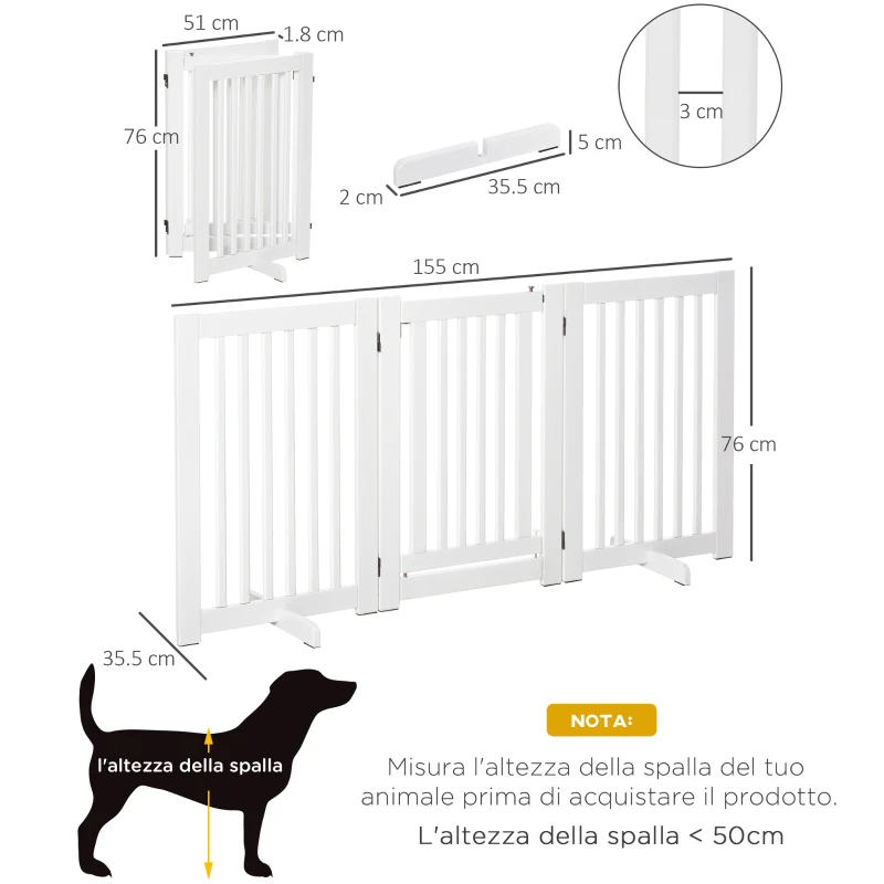 PawHut Cancellino per Cani Pieghevole a 3 Pannelli, Porta Centrale con Blocco, Struttura in MDF, 155x76cm Bianco
