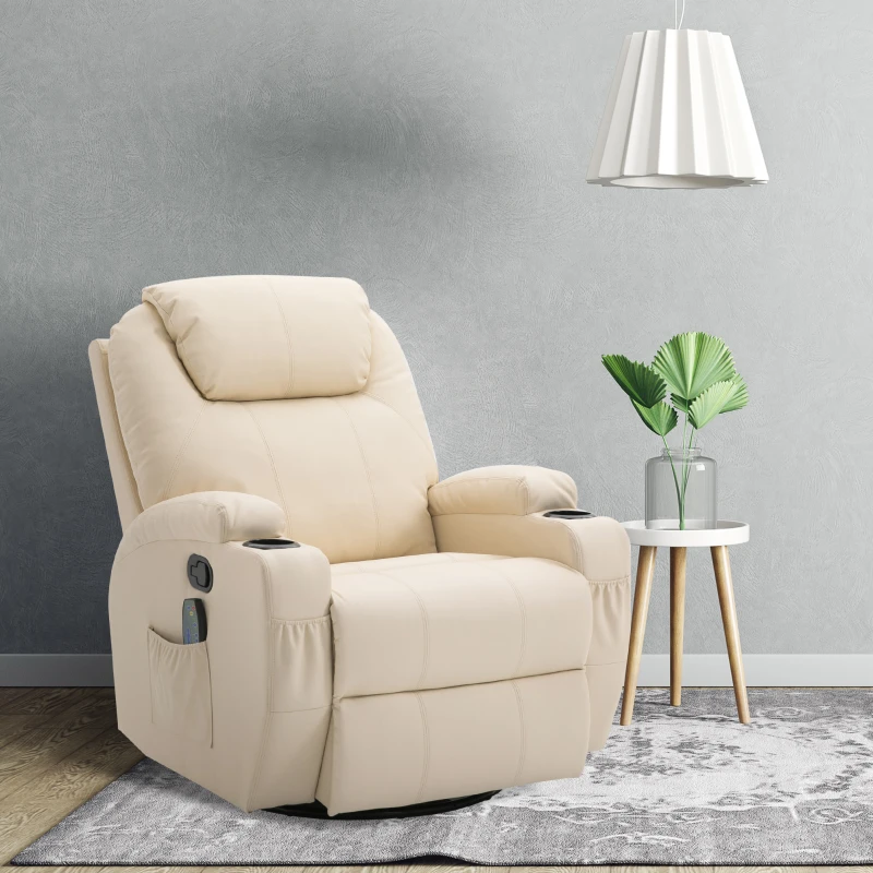 HOMCOM Fauteuil de Relaxation massant Chauffant et Vibrant inclinable pivotant à 360° revêtement synthétique 84L x 94l x 109Hcm Beige