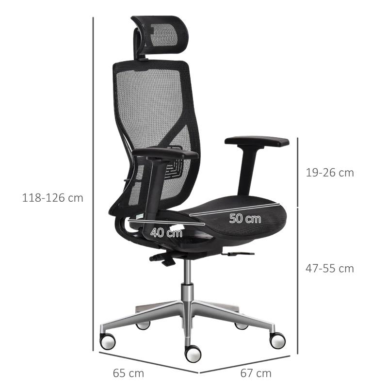 Vinsetto Fauteuil de bureau chaise de bureau ergonomique hauteur réglable avec appui-tête accoudoir 3D ajustable pivotante 360° tissu en maille 67 x 65 x 118-126 cm noir