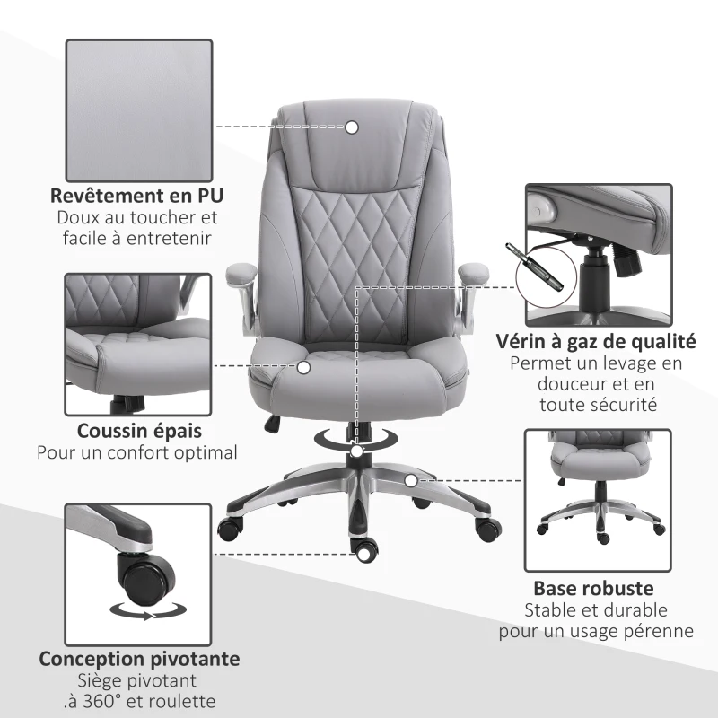 HOMCOM Fauteuil de bureau chaise de bureau ergonomique hauteur réglable roulettes pivotant P.U 70 x 71 x 121 cm gris