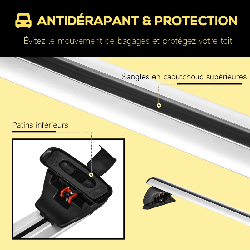 HOMCOM 2 barres de toit de voiture verrouillables 4 clés fournies alliage d'aluminium 123,6 x 15 x 15 cm - charge max. 100 kg - argenté et noir