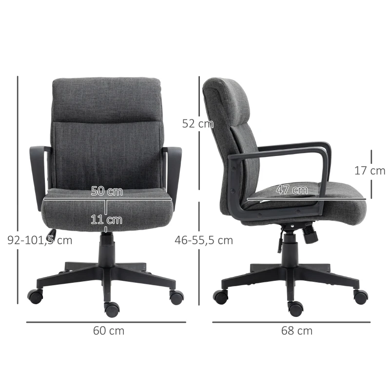 Vinsetto Chaise de bureau ergonomique fauteuil de bureau siège de bureau en toile avec accoudoir hauteur réglable pivotant à 360°  lin gris et piètement noir