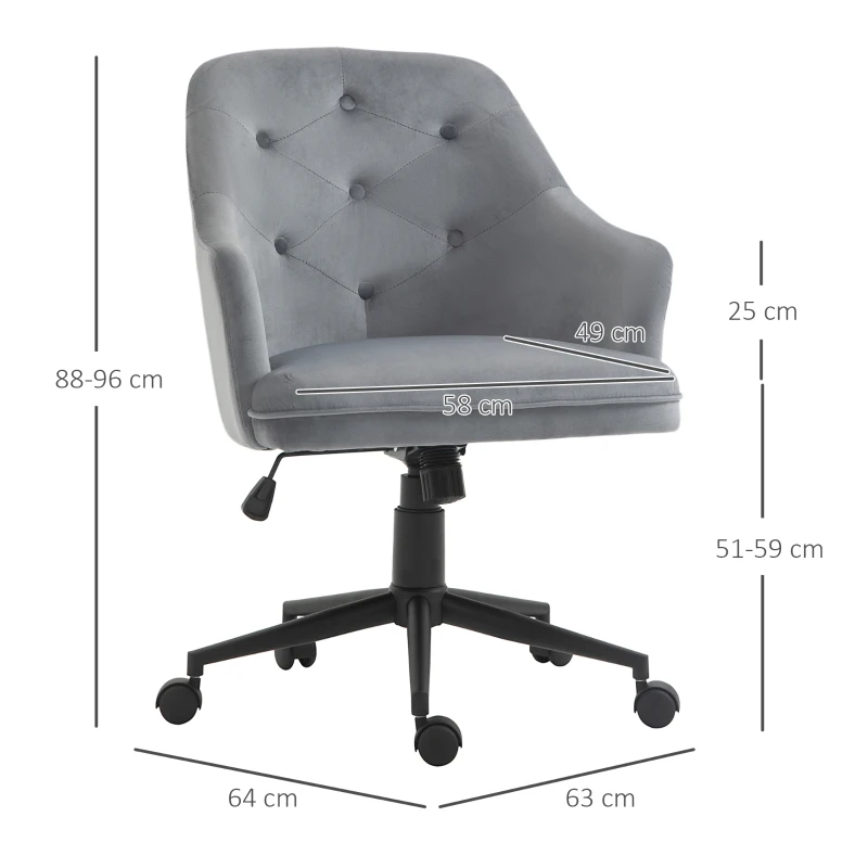 Vinsetto Chaise de bureau fauteuil de bureau ergonomique hauteur réglable pivotante à 360° revêtement velours grand confort 63 x 64 x 96 cm gris