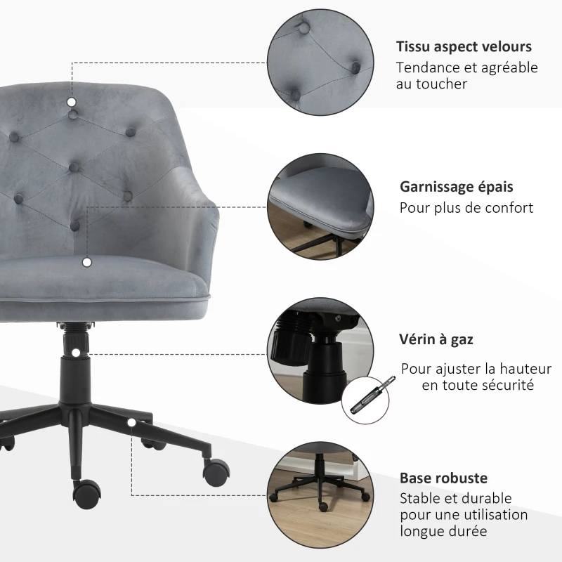 Vinsetto Chaise de bureau fauteuil de bureau ergonomique hauteur réglable pivotante à 360° revêtement velours grand confort 63 x 64 x 96 cm gris