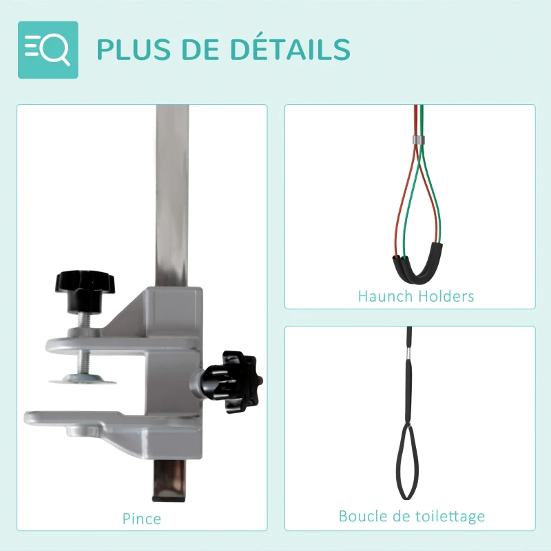 PawHut Bras de toilettage pliable pour animaux de compagnie en acier inoxydable avec collier de serrage pour chiens de grande et petite taille hauteur réglable max. 74 cm