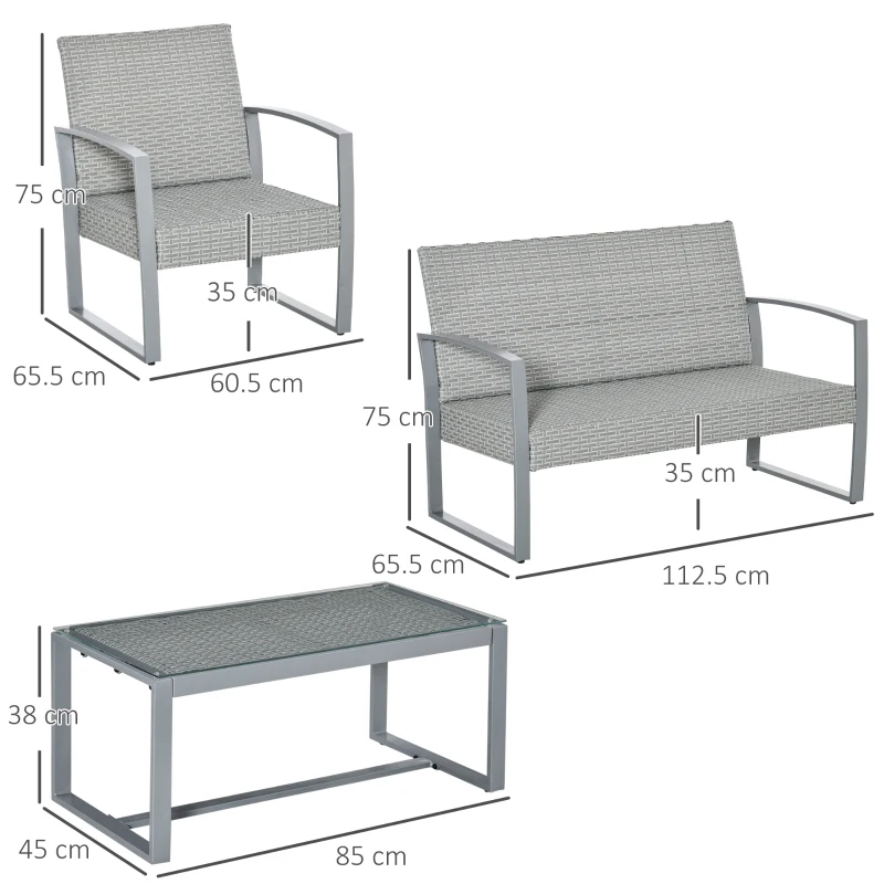 Outsunny Salon de Gradina din Ratan Gri Set Mobilier de Exterior 4 Buc