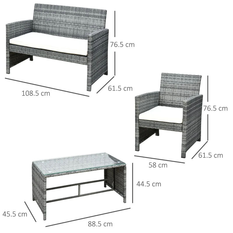 Outsunny Set Mobili 4 Pezzi Divanetto 2 Poltrone Tavolino da Giardino Metallo, Rattan 108.5 x 61.5 x76.5 cm