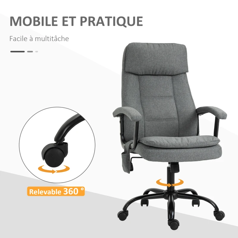 Vinsetto Fauteuil de bureau massant fauteuil bureau ergonomique confortable siège hauteur réglable tissu lin gris
