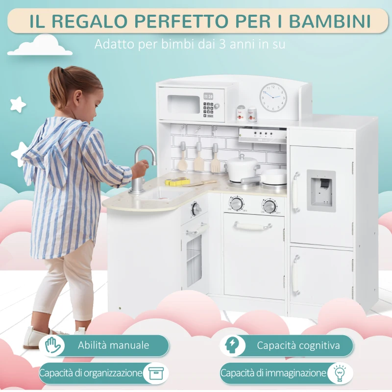 HOMCOM Cucina Giocattolo per Bambini in Legno con 14 Accessori, Forno, Lavandino, Frigo e Microonde, Età 3+ Anni, 86x64x84.5cm, Bianco e Argento