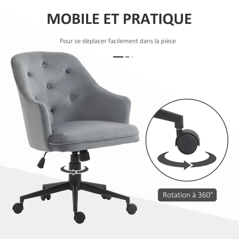 Vinsetto Chaise de bureau fauteuil de bureau ergonomique hauteur réglable pivotante à 360° revêtement velours grand confort 63 x 64 x 96 cm gris
