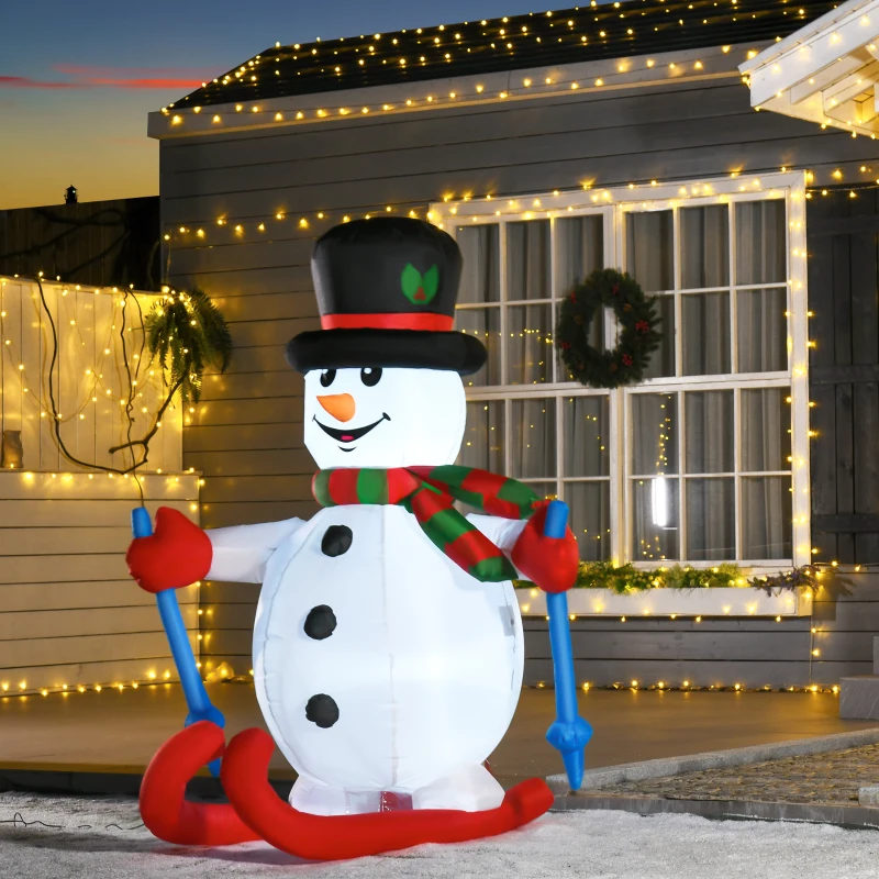 HOMCOM Aufblasbarer Skischneemann mit LED-Lichtern, Rasendekoration, Weihnachten, IP44, Weiß, 90 x 60 x 180