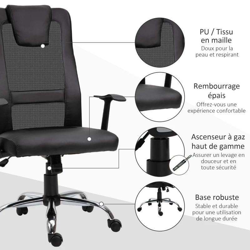Vinsetto Chaise de Bureau Ergonomique Fauteuil de Bureau pivotant, hauteur réglable, Dossier en maille respirante, revêtement en Nylon synthétique Noir