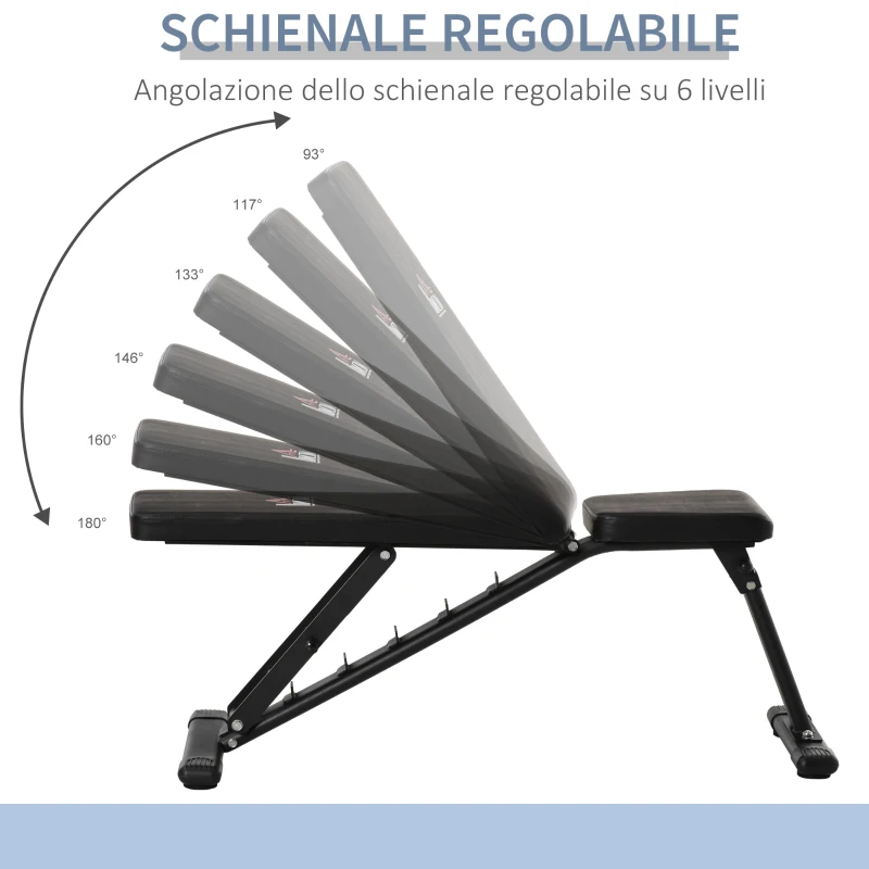 HOMCOM Panca Multifunzione per Addominali,6 Livelli di Inclinazione e Altezza Regolabile, Panca Palestra Pieghevole, Panca Pesi, Panca Piana , Acciaio e PU, 125x45x45-118cm, Nero