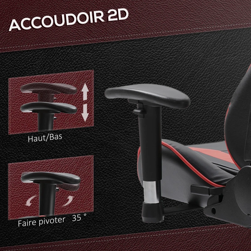 HOMCOM Fauteuil gamer chaise de gaming fauteuil de bureau pivotant inclinable fauteuil manager grand confort style baquet racing avec coussins revêtement synthétique rouge noir