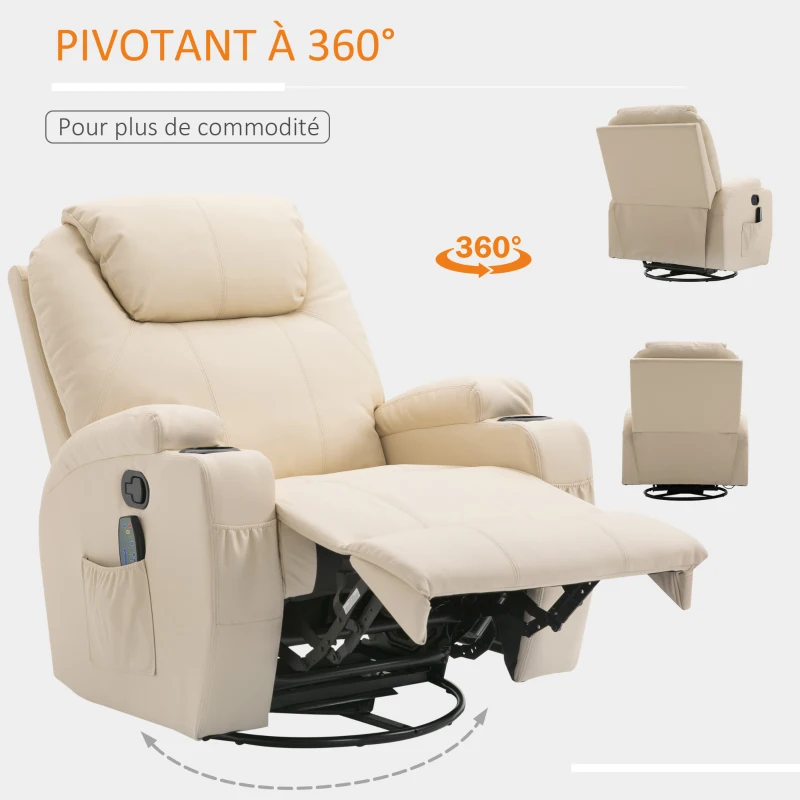 HOMCOM Fauteuil de Relaxation massant Chauffant et Vibrant inclinable pivotant à 360° revêtement synthétique 84L x 94l x 109Hcm Beige