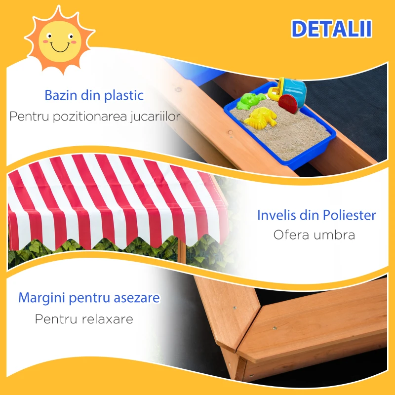 Outsunny Nisipar din Lemn pentru Copii cu Copertina Reglabila in Inaltime, 107.5x107.5x110cm