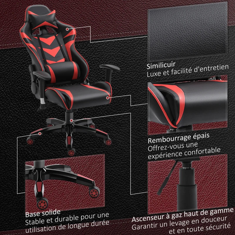 HOMCOM Fauteuil gamer chaise de gaming fauteuil de bureau pivotant inclinable fauteuil manager grand confort style baquet racing avec coussins revêtement synthétique rouge noir