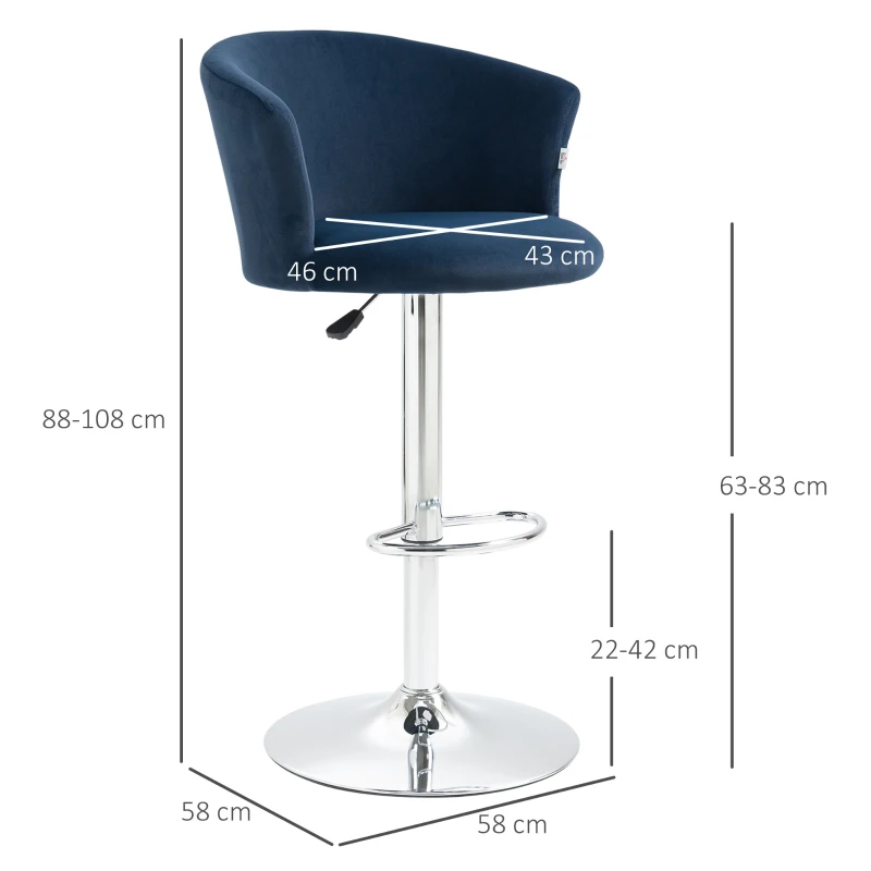 HOMCOM Barhocker 2er-Set  in Samtoptik 58 cm x 58 cm x 108 cm