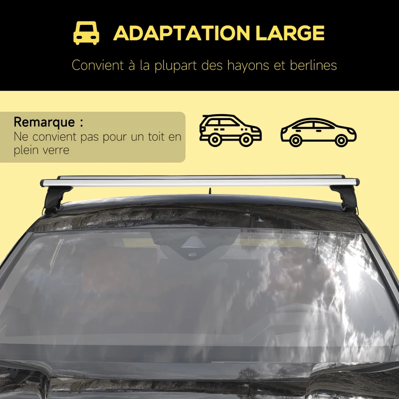 HOMCOM 2 barres de toit de voiture verrouillables 4 clés fournies alliage d'aluminium 123,6 x 15 x 15 cm - charge max. 100 kg - argenté et noir