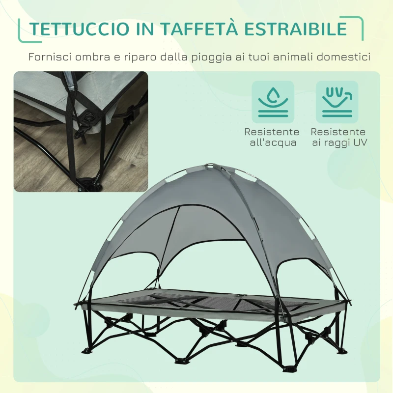 PawHut Brandina per Cani con Tettuccio da Esterno e Interno, Lettino per Cani Pieghevole in Tessuto Oxford e Acciaio, 118x60x90cm, Grigio