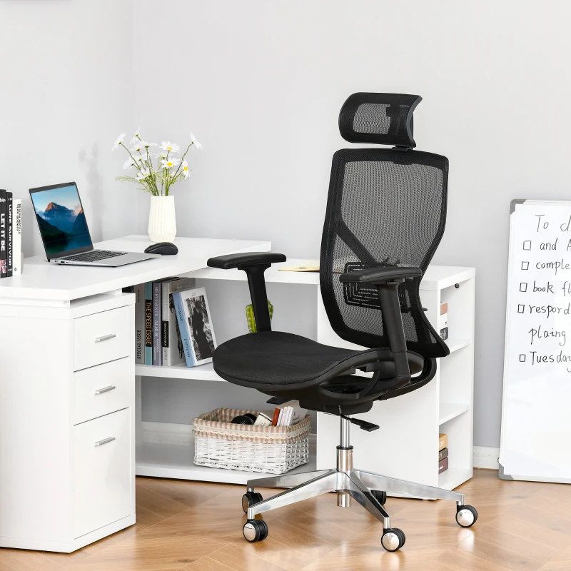 Vinsetto Fauteuil de bureau chaise de bureau ergonomique hauteur réglable avec appui-tête accoudoir 3D ajustable pivotante 360° tissu en maille 67 x 65 x 118-126 cm noir