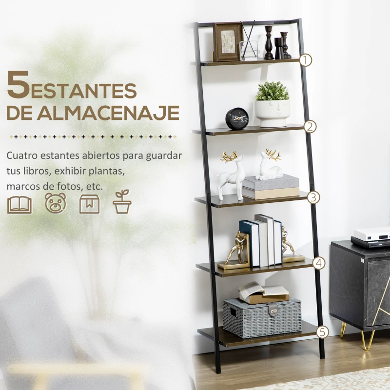 HOMCOM Estantería de Escalera con 5 Estantes de Estilo Industrial para Salón Dormitorio Oficina 60,5x35x171 cm Nogal