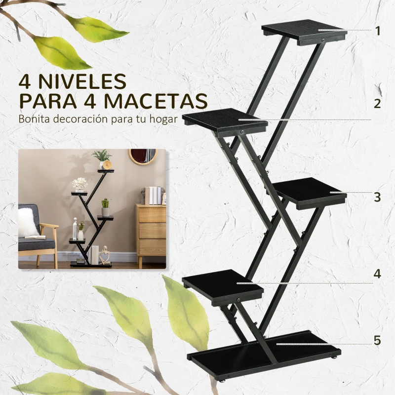 Outsunny Soporte para Plantas de 4 Niveles Estantería de Madera y Acero para Interior y Exterior 53x24x119,5 cm Negro