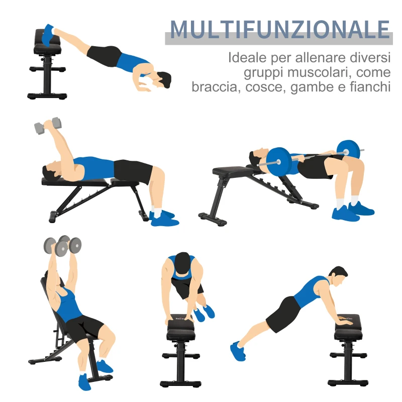 HOMCOM Panca Multifunzione per Addominali,6 Livelli di Inclinazione e Altezza Regolabile, Panca Palestra Pieghevole, Panca Pesi, Panca Piana , Acciaio e PU, 125x45x45-118cm, Nero
