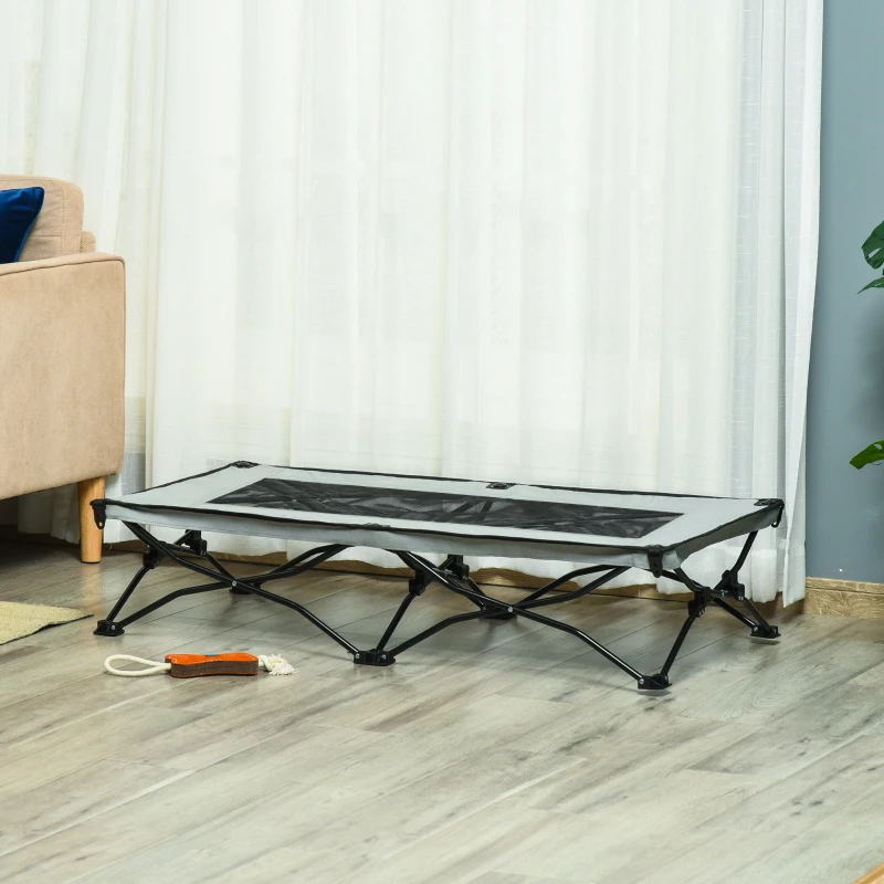 PawHut Brandina per Cani con Tettuccio da Esterno e Interno, Lettino per Cani Pieghevole in Tessuto Oxford e Acciaio, 118x60x90cm, Grigio