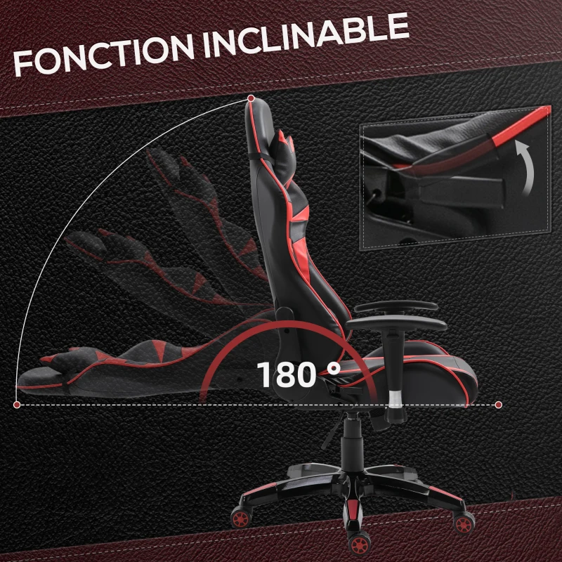 HOMCOM Fauteuil gamer chaise de gaming fauteuil de bureau pivotant inclinable fauteuil manager grand confort style baquet racing avec coussins revêtement synthétique rouge noir