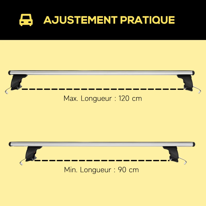 HOMCOM 2 barres de toit de voiture verrouillables 4 clés fournies alliage d'aluminium 123,6 x 15 x 15 cm - charge max. 100 kg - argenté et noir