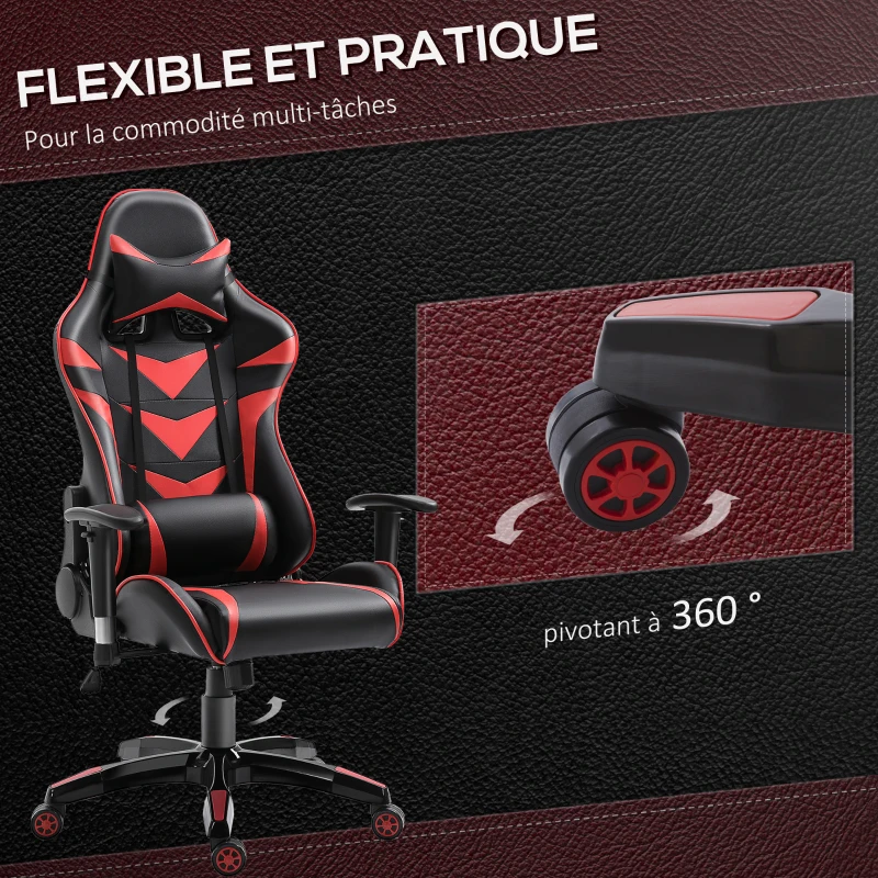 HOMCOM Fauteuil gamer chaise de gaming fauteuil de bureau pivotant inclinable fauteuil manager grand confort style baquet racing avec coussins revêtement synthétique rouge noir