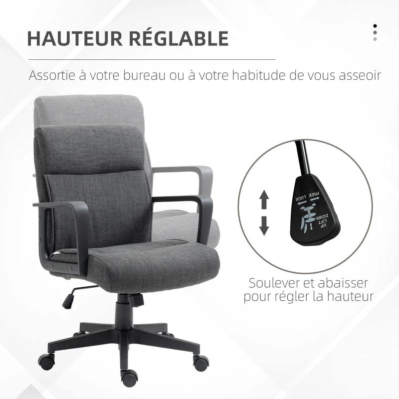 Vinsetto Chaise de bureau ergonomique fauteuil de bureau siège de bureau en toile avec accoudoir hauteur réglable pivotant à 360°  lin gris et piètement noir