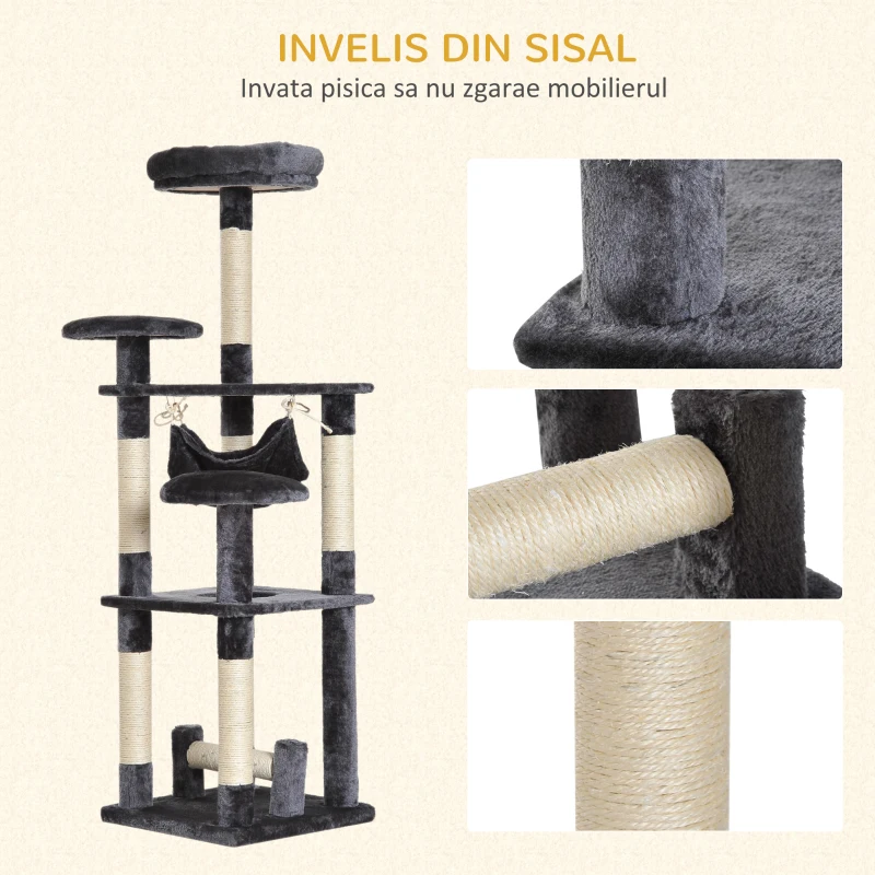 PawHut Ansamblu pentru Pisici cu 4 Niveluri din Plus Sisal Natural Gri 40x40x132cm