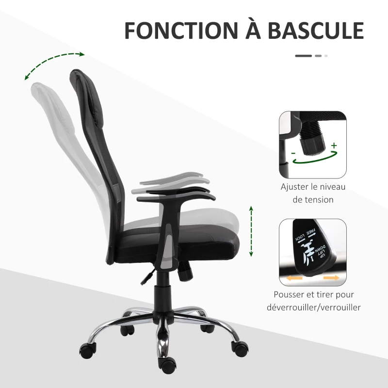 Vinsetto Chaise de Bureau Ergonomique Fauteuil de Bureau pivotant, hauteur réglable, Dossier en maille respirante, revêtement en Nylon synthétique Noir