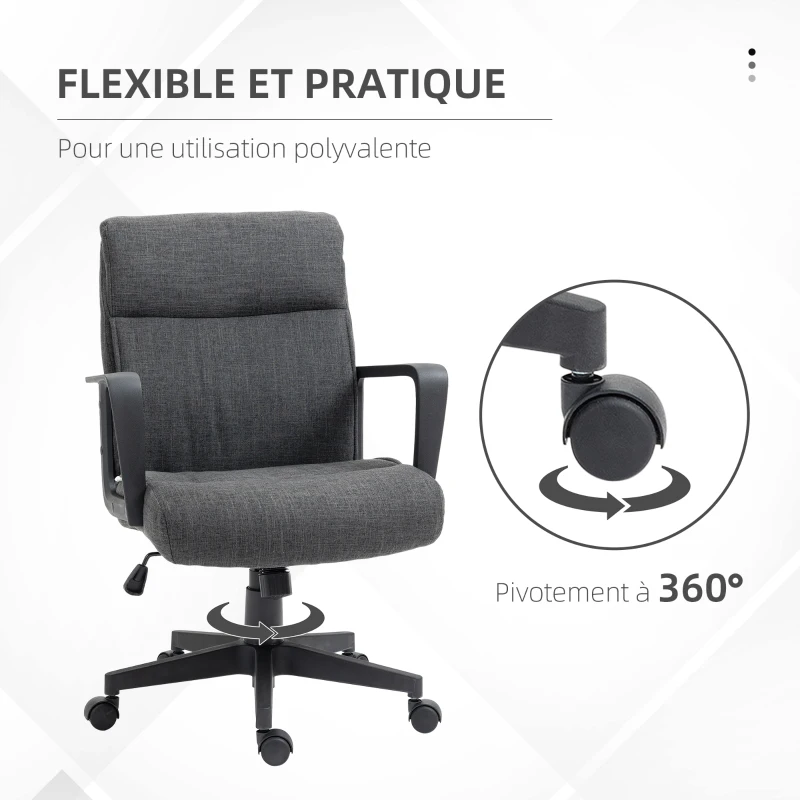 Vinsetto Chaise de bureau ergonomique fauteuil de bureau siège de bureau en toile avec accoudoir hauteur réglable pivotant à 360°  lin gris et piètement noir