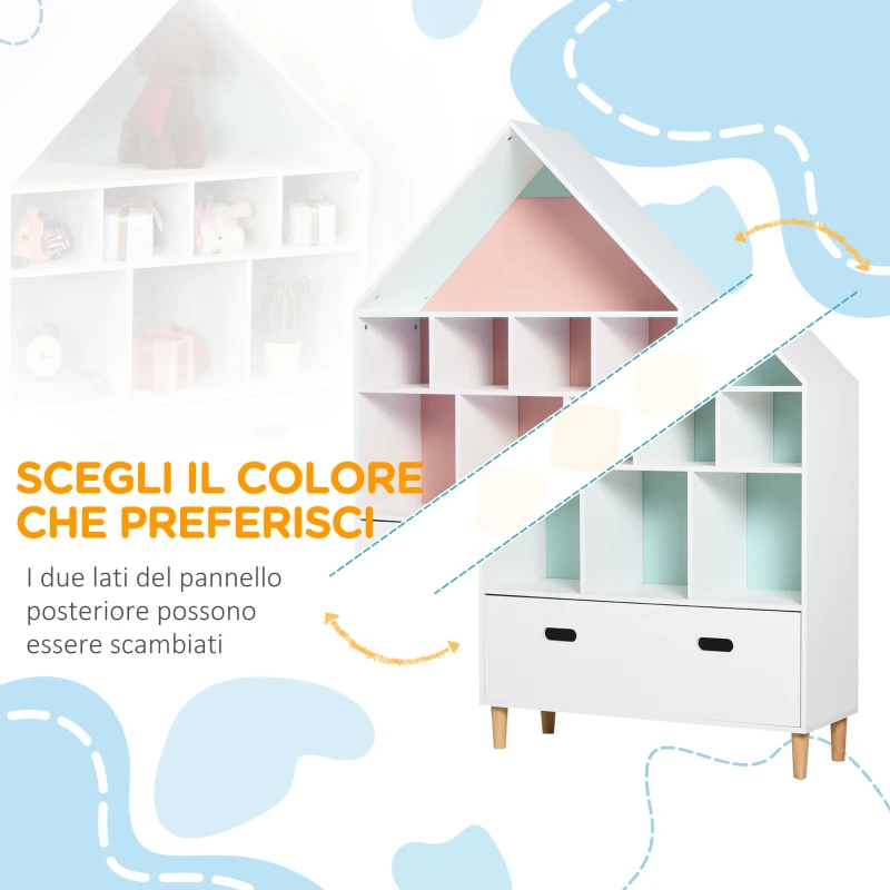 HOMCOM Libreria Scaffale Portagiochi per Cameretta Bimbi e Ragazzi con Mensole a Cubi Bianca, Due Colori Cambiati, Azzurra e Rosa 82x30x126cm